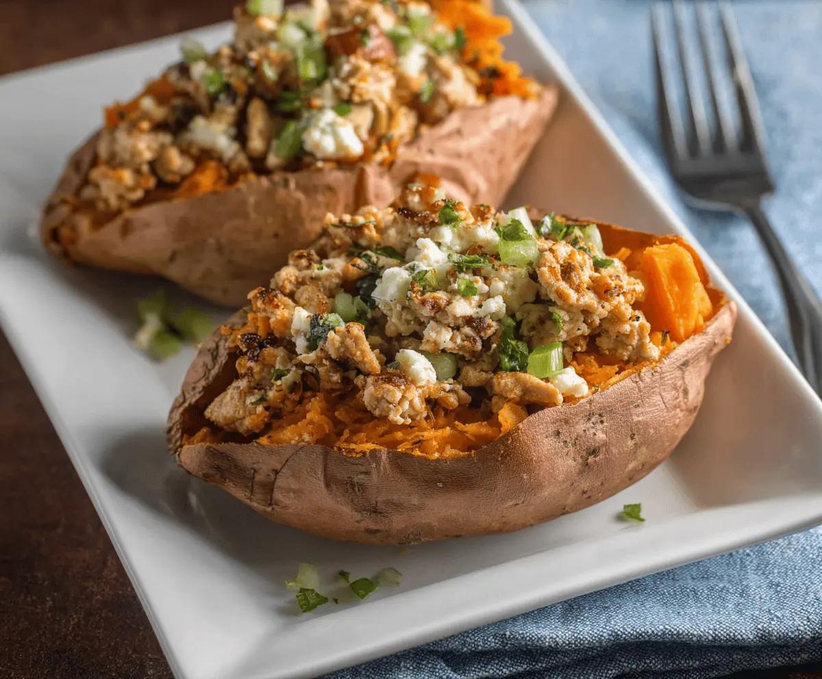 Delicious stuffed sweet potatoes filled with seasoned turkey, topped with fresh herbs and melted cheese, served on a plate