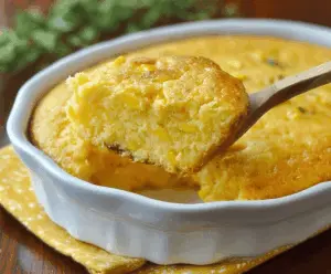 Delicious homemade Sweet Corn Pudding served in a bowl with fresh corn kernels on top.