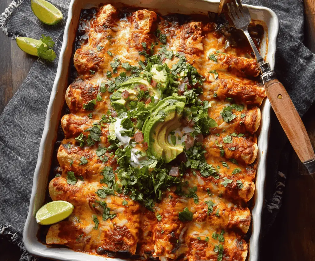 Delicious Sweet Potato Black Bean Enchiladas topped with melted cheese and fresh cilantro on a serving plate