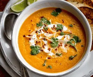 Delicious bowl of Sweet Potato Carrot Curry Soup garnished with herbs, perfect for a healthy meal.