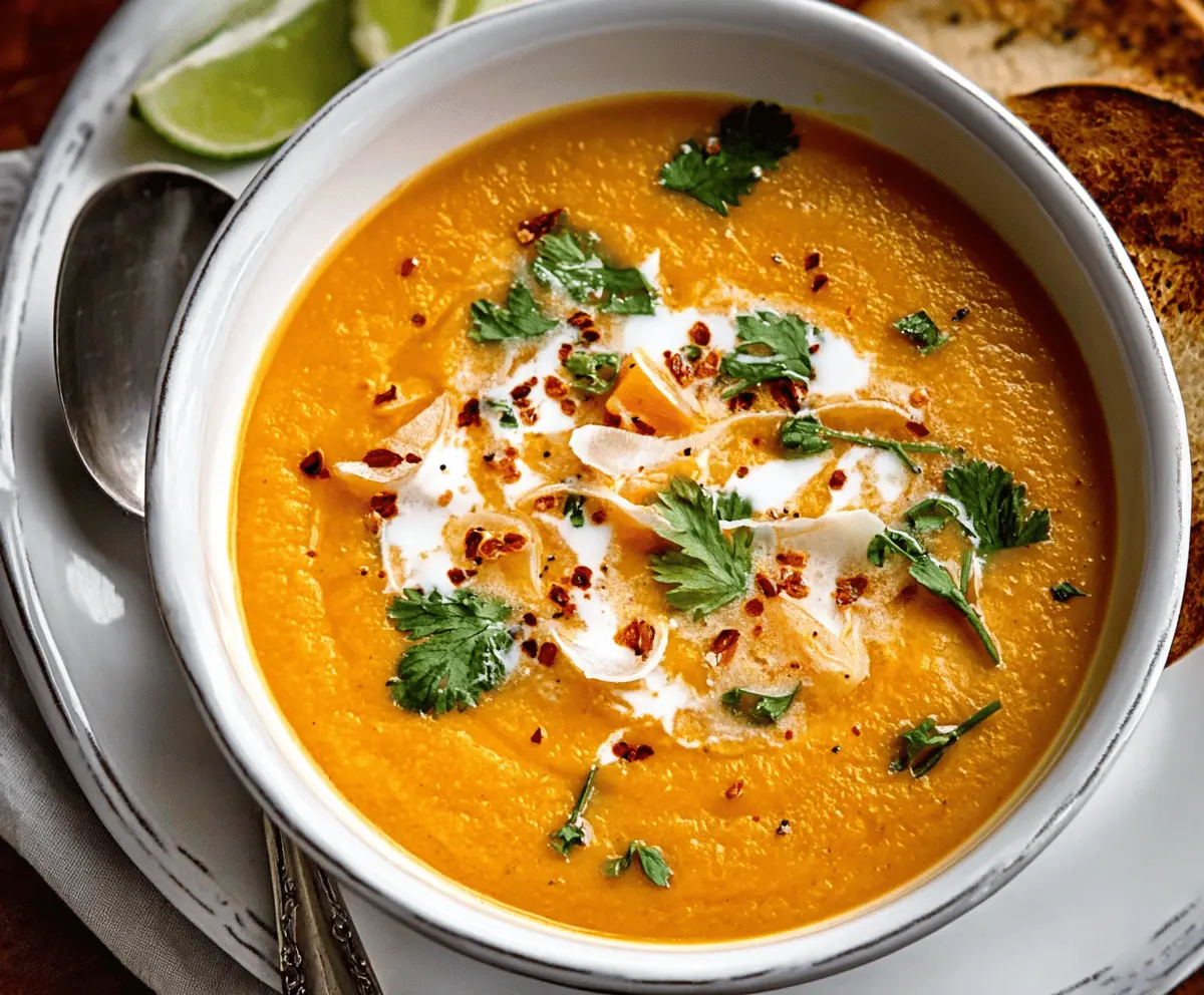 Delicious bowl of Sweet Potato Carrot Curry Soup garnished with herbs, perfect for a healthy meal.