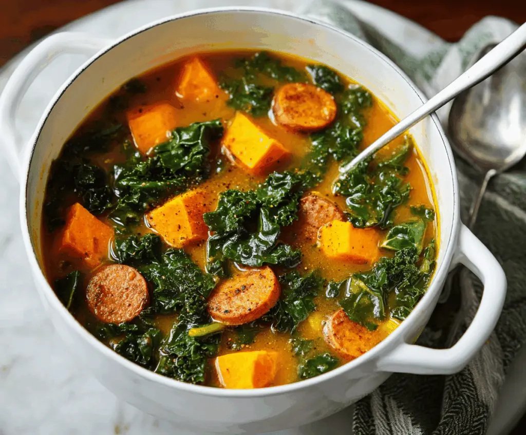 Creamy sweet potato and fresh kale soup garnished with herbs in a rustic bowl, perfect for a comforting and healthy meal.