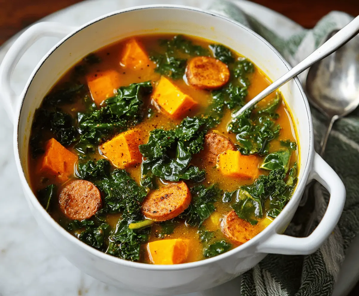 Creamy sweet potato and fresh kale soup garnished with herbs in a rustic bowl, perfect for a comforting and healthy meal.
