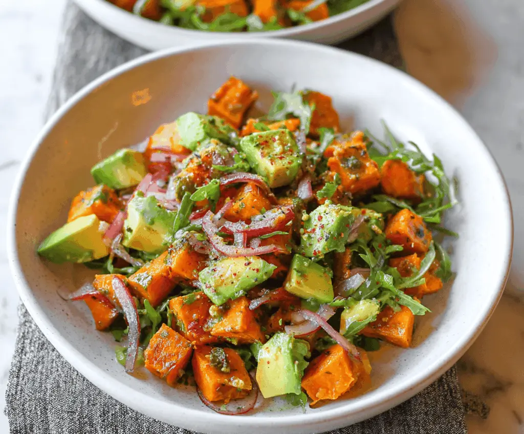Colorful sweet potato salad with creamy avocado and fresh herbs in a bowl, perfect for healthy meals.