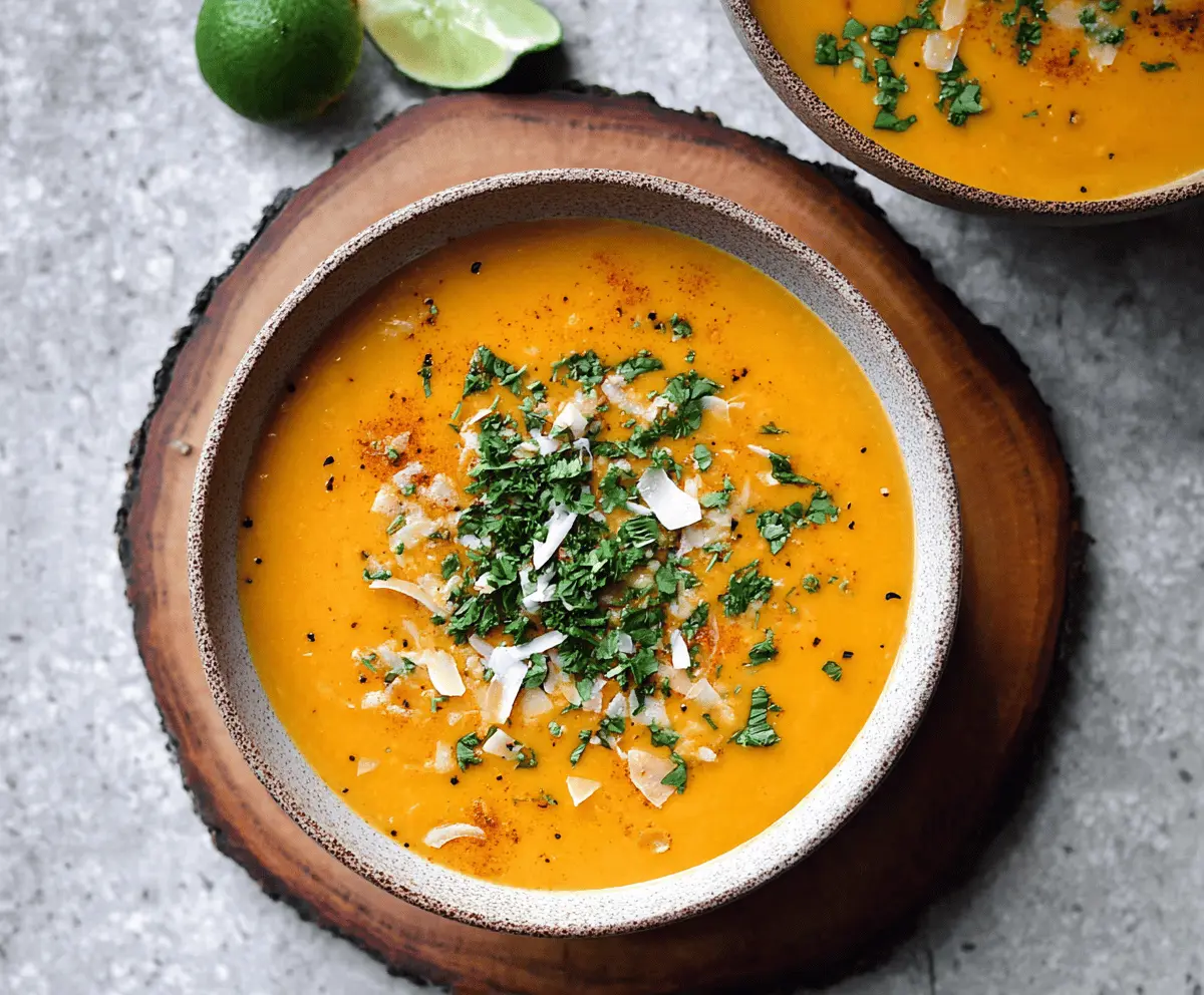 Creamy sweet potato soup garnished with coconut milk and fresh herbs in a bowl, perfect for a cozy meal