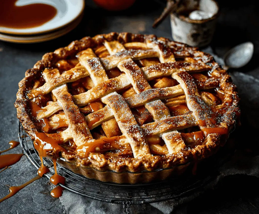Delicious homemade toffee apple pie with golden crust and caramel topping.