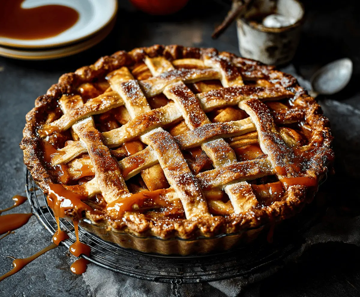 Delicious homemade toffee apple pie with golden crust and caramel topping.