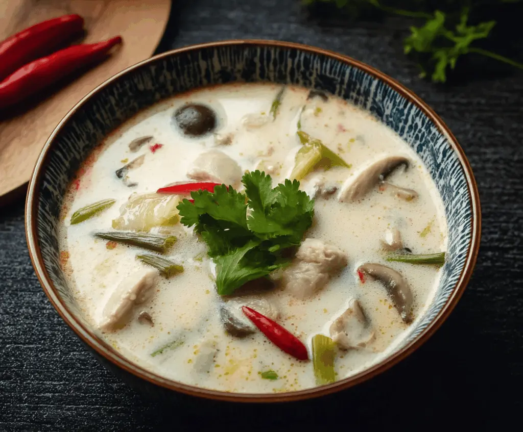 Creamy bowl of Tom Kha Gai featuring tender chicken, fresh herbs, mushrooms, and coconut milk in a flavorful Thai soup