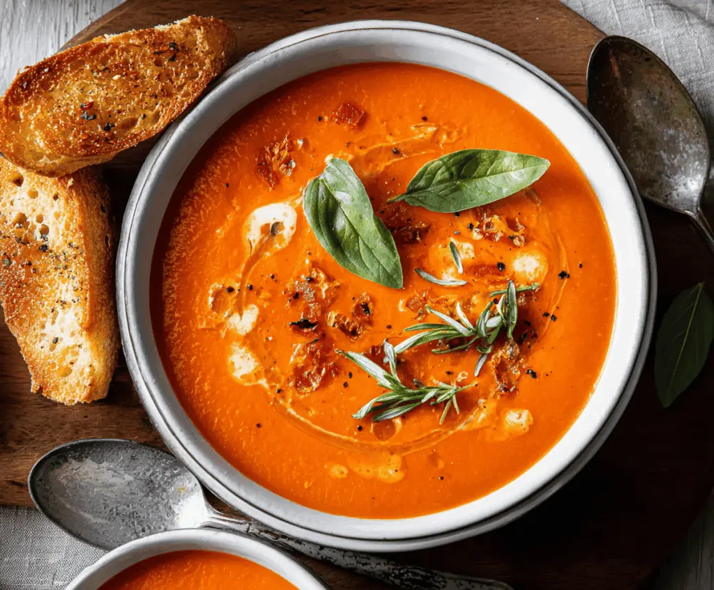 Creamy tomato soup garnished with fresh basil leaves in a bowl on a rustic wooden table, perfect for a cozy meal.