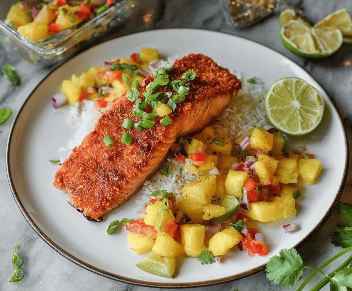 Delicious tropical coconut crusted salmon topped with vibrant pineapple salsa, served on a plate with fresh herbs, perfect for a flavorful and healthy seafood meal.