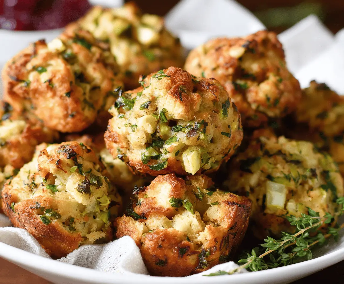 Golden-brown turkey stuffing balls arranged on a serving platter, perfect for holiday appetizers.