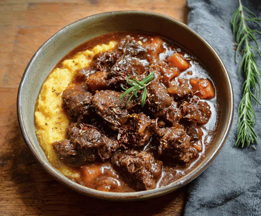 Hearty Tuscan Beef Stew with tender beef chunks, fresh vegetables, and aromatic herbs served in a rustic bowl