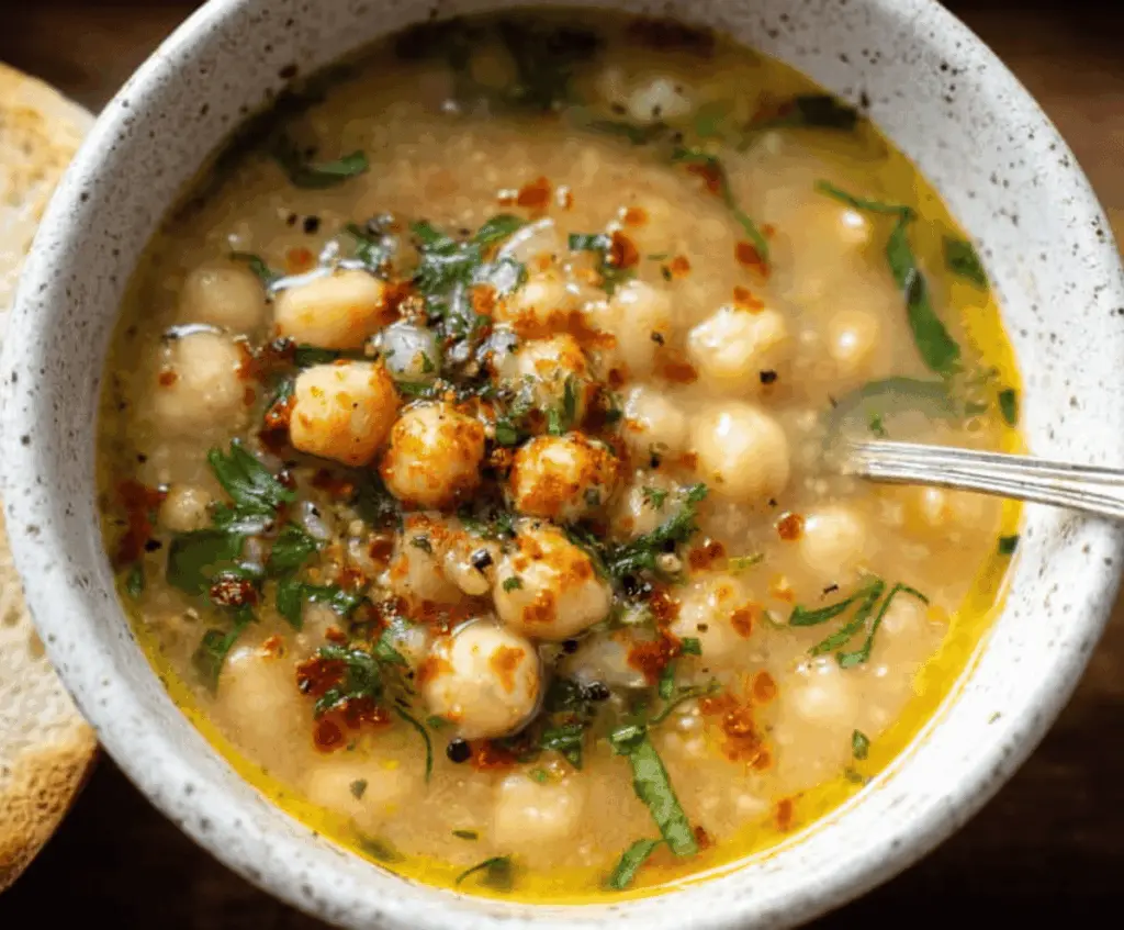 Creamy vegan garlic chickpea soup garnished with fresh herbs in a bowl, perfect for a nutritious plant-based meal.