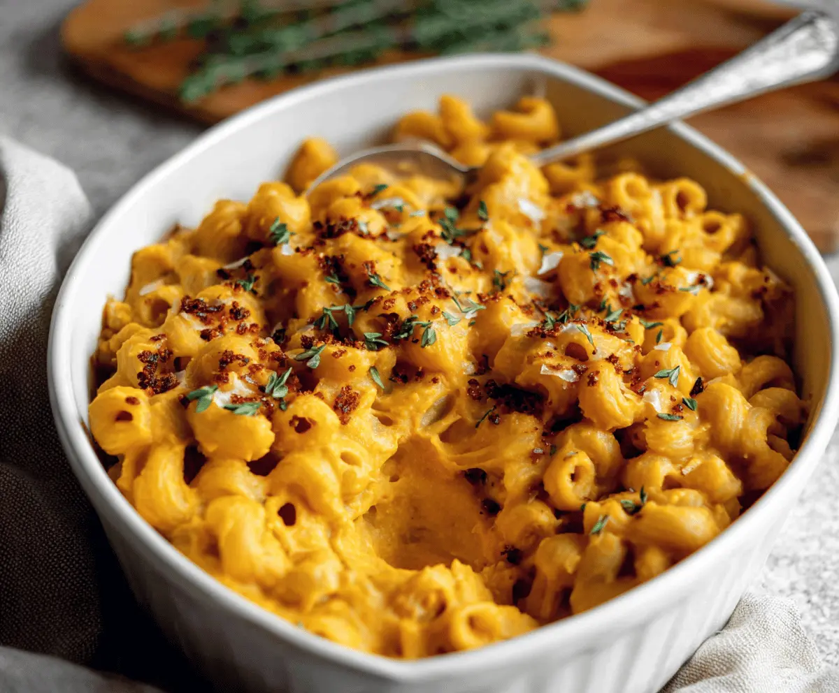 Creamy vegan sweet potato mac and cheese served in a bowl, garnished with fresh herbs