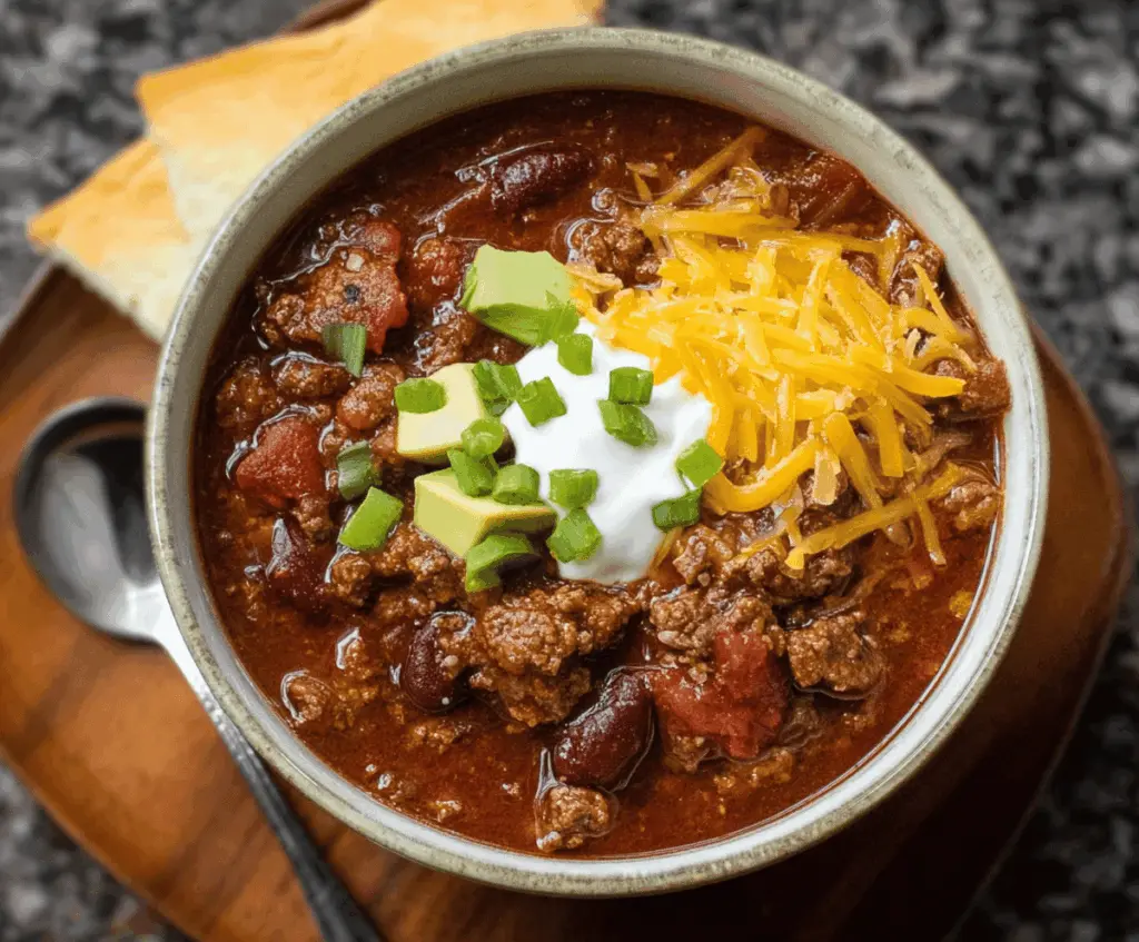 Hearty homemade venison chili topped with shredded cheese and fresh herbs in a rustic bowl