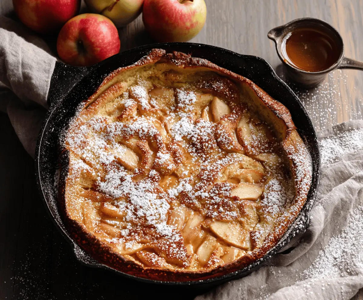Delicious Apple Cinnamon German Pancake served on a plate with fresh apple slices.