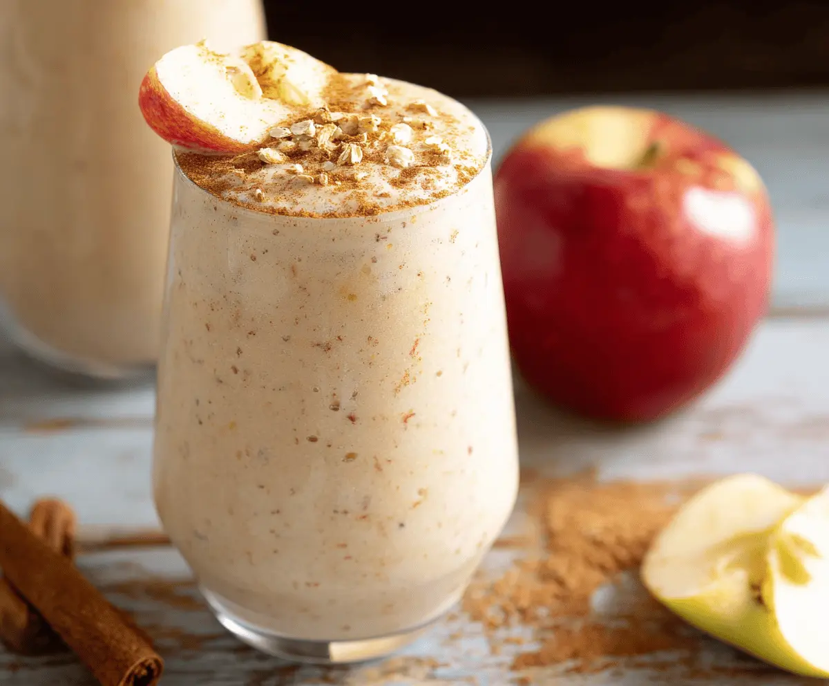 Creamy apple pie smoothie topped with cinnamon and whipped cream, refreshing fruity breakfast drink.