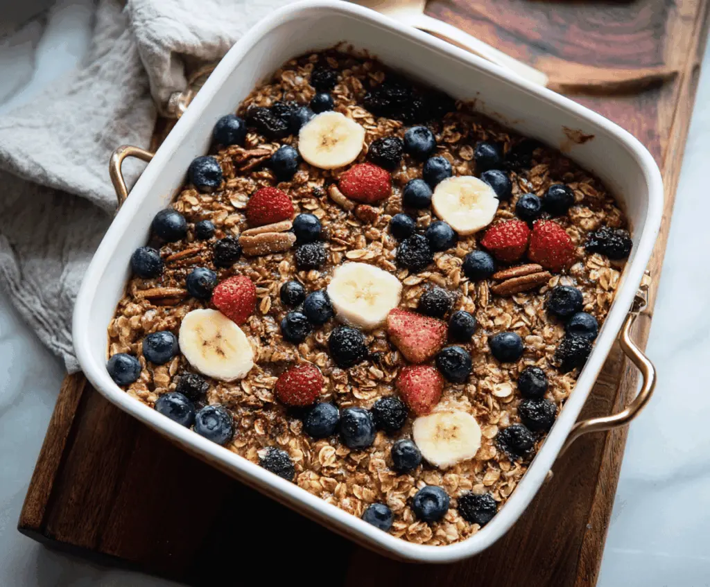 Delicious baked breakfast oatmeal served in a white bowl with fresh fruit topping.