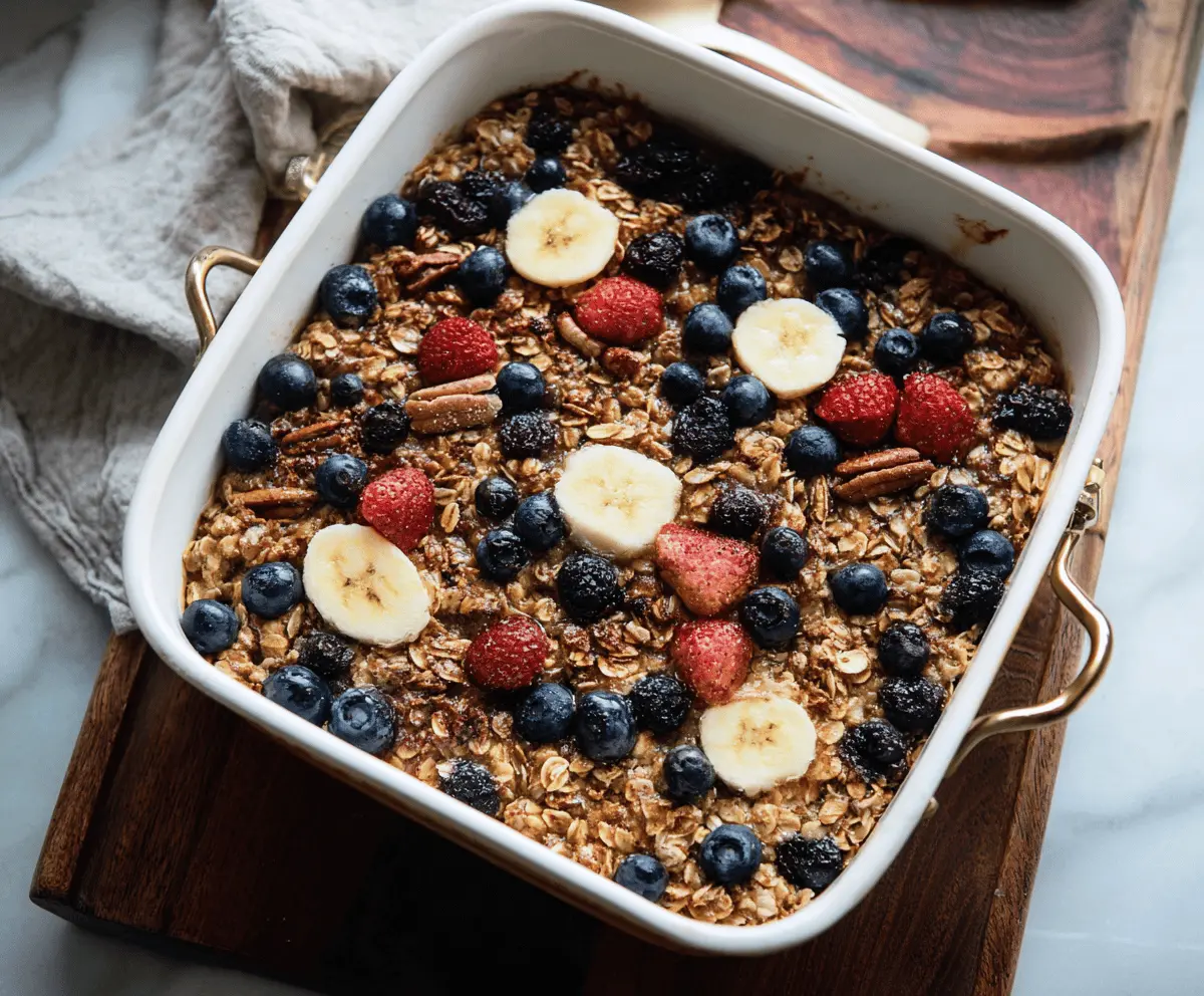 Delicious baked breakfast oatmeal served in a white bowl with fresh fruit topping.