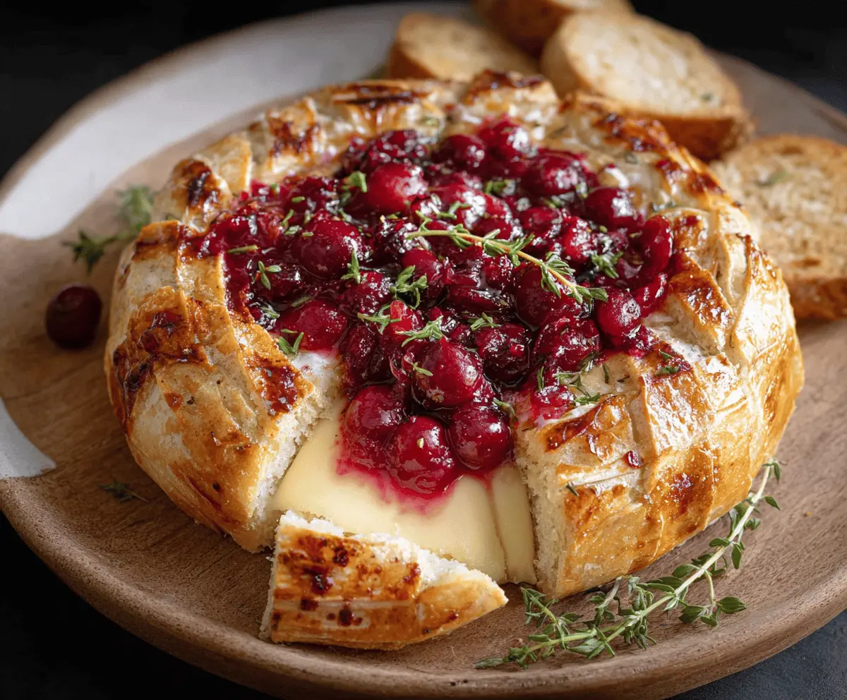 Delicious baked Brie cheese topped with fresh cranberries and herbs, perfect for festive occasions.