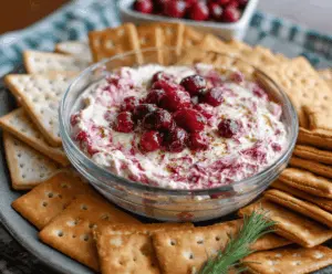 Delicious baked cranberry cream cheese dip served in a white bowl, garnished with fresh cranberries and herbs.
