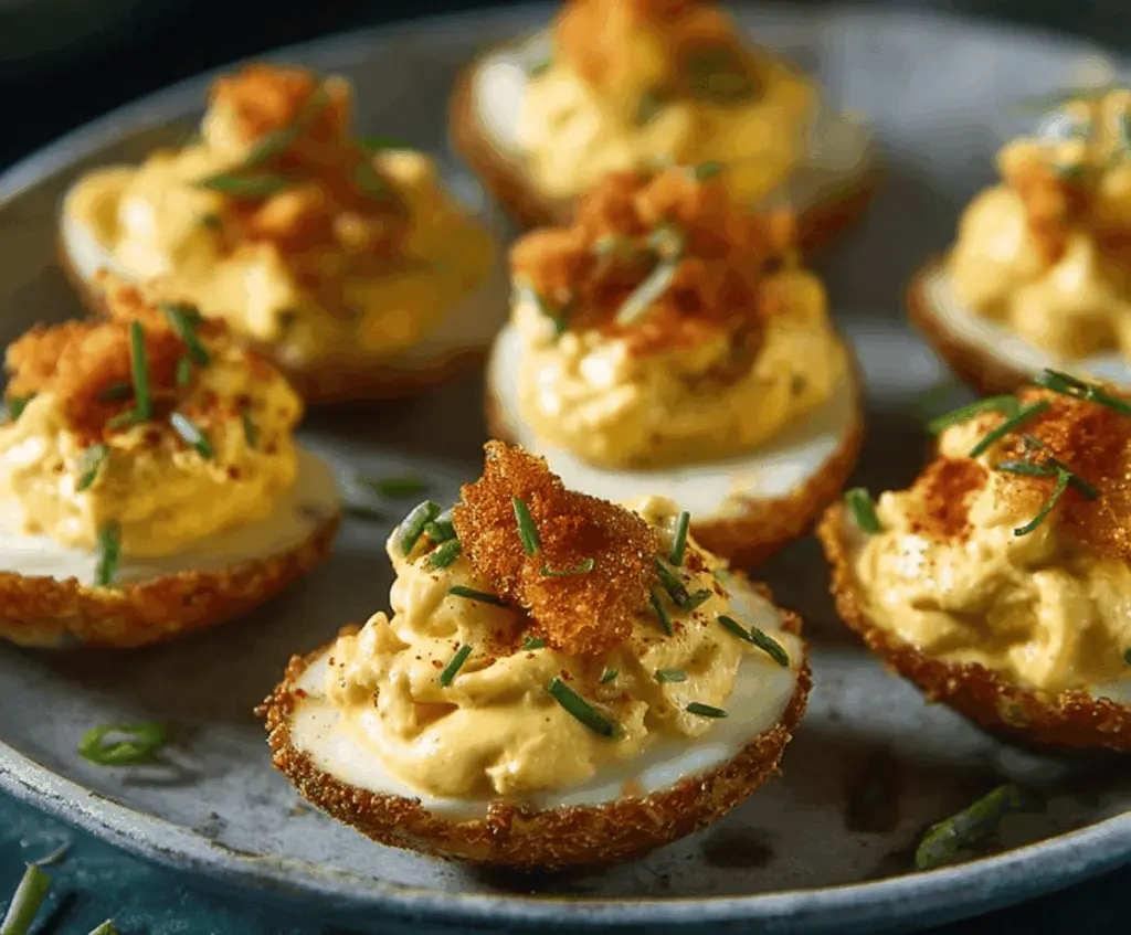 Bayou-inspired deviled eggs topped with fresh herbs on a rustic plate, perfect for a Cajun-themed appetizer.