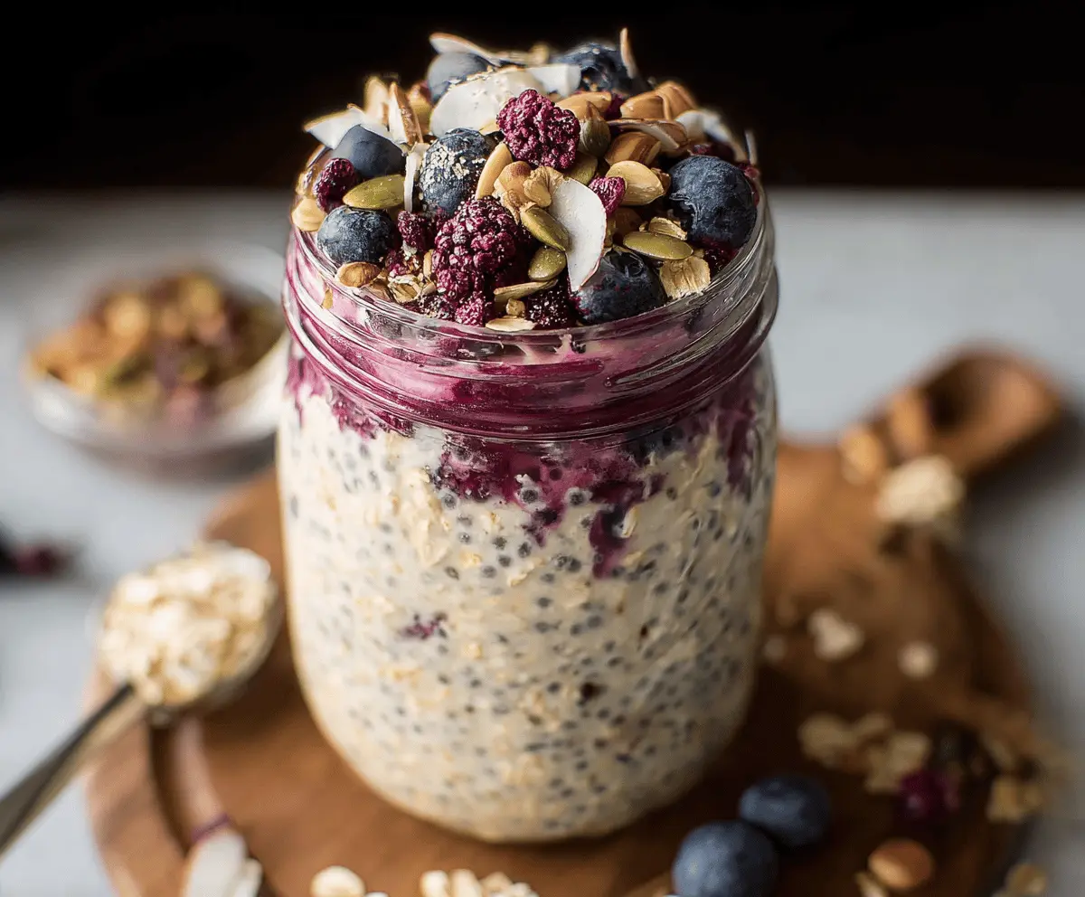 Healthy Berry Overnight Oats served in a glass jar with fresh berries and chia seeds.