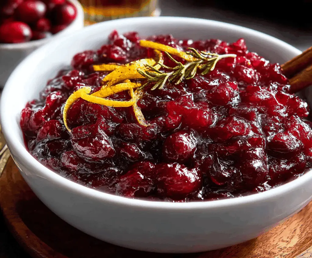 Delicious bourbon cranberry sauce in a bowl, perfect for holiday celebrations and special dinners.
