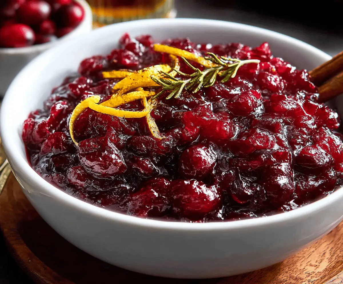 Delicious bourbon cranberry sauce in a bowl, perfect for holiday celebrations and special dinners.