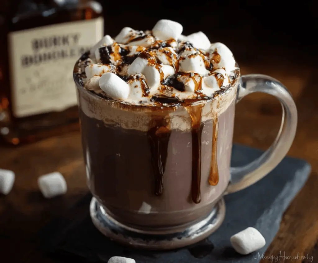 Warm bourbon-spiked hot chocolate in a cozy mug topped with whipped cream