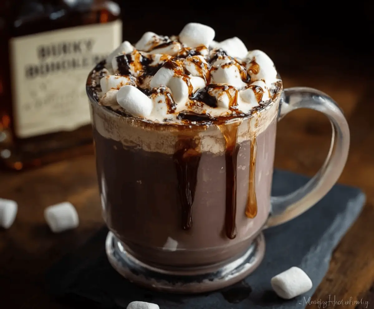 Warm bourbon-spiked hot chocolate in a cozy mug topped with whipped cream