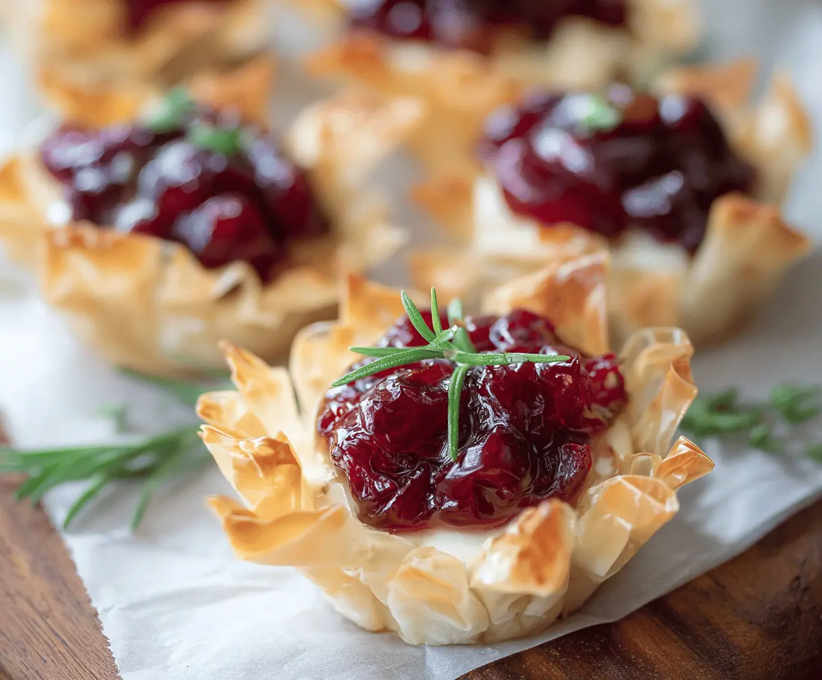 Delicious Brie Cranberry Phyllo Cups garnished with fresh herbs, perfect for appetizers.