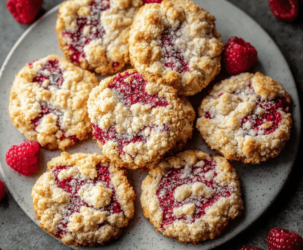 Delicious buttery raspberry crumble cookies with a golden crust and fresh raspberries.