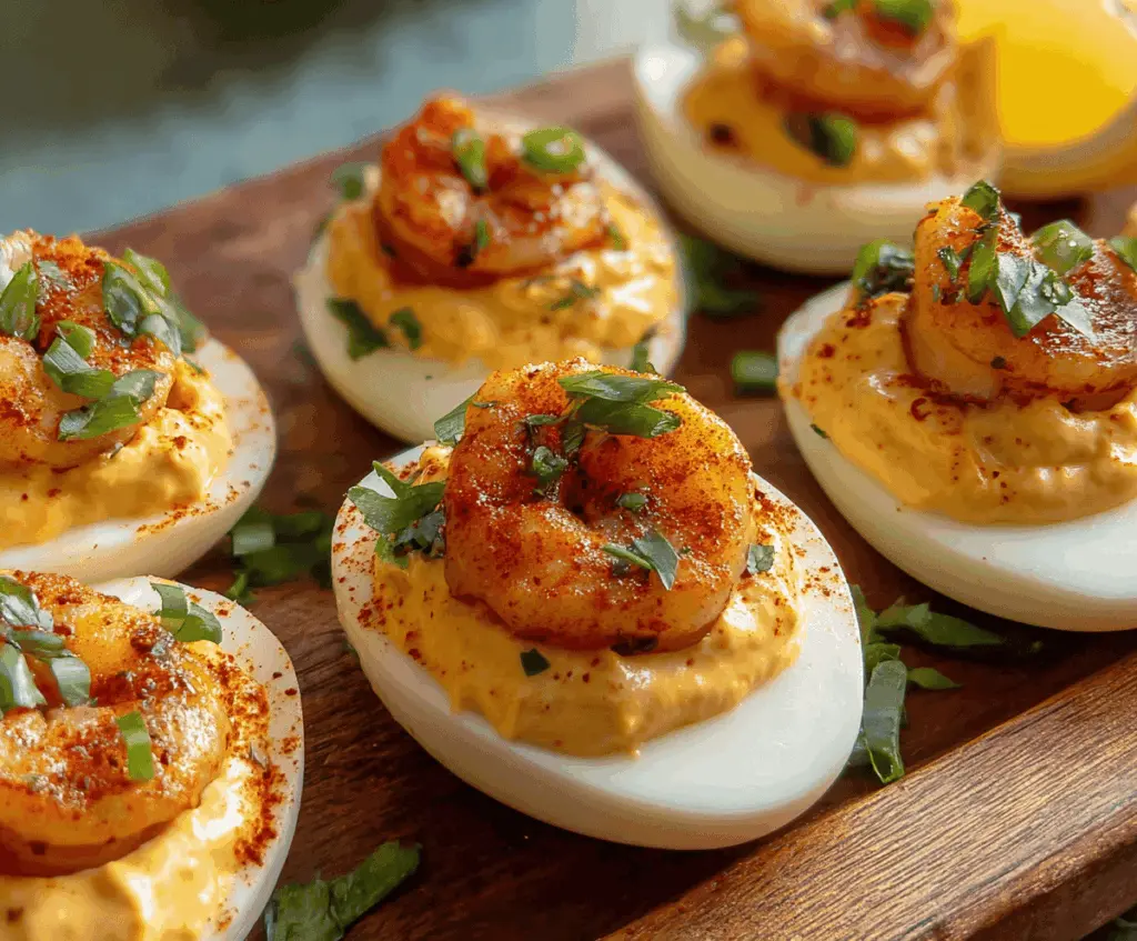 Delicious Cajun Shrimp Deviled Eggs garnished with fresh herbs on a white plate.