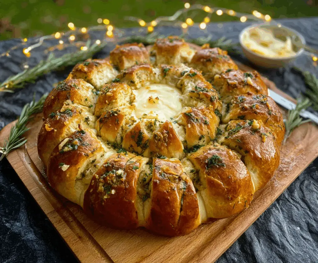 Delicious Camembert Pull-Apart Wreath served on a platter, golden and crispy exterior with melty cheese inside.