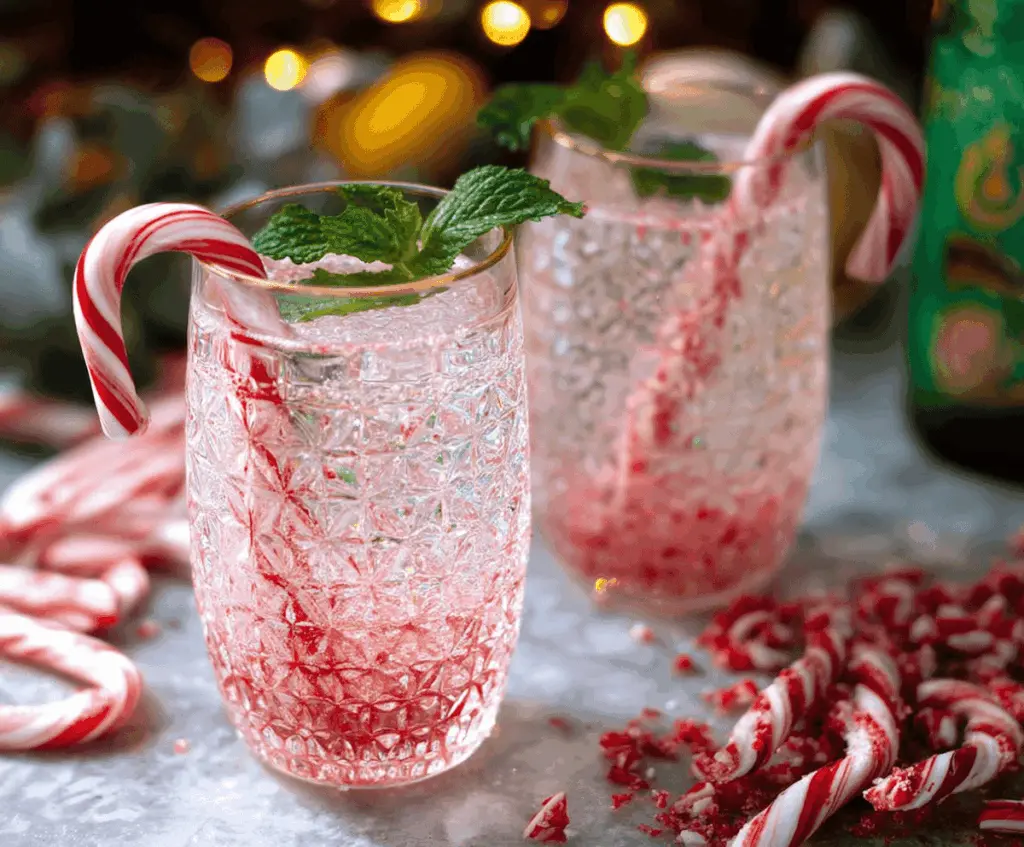 Festive Candy Cane Spritzer Cocktail garnished with a candy cane and mint leaves for a holiday celebration.