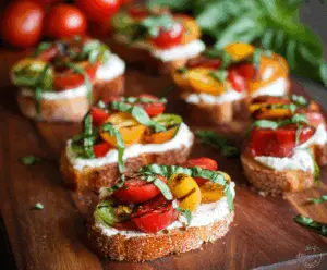 Delicious Caprese Bruschetta with ripe tomatoes, fresh basil, and melted mozzarella on toasted baguette slices.