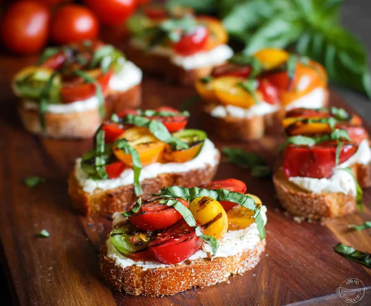 Delicious Caprese Bruschetta with ripe tomatoes, fresh basil, and melted mozzarella on toasted baguette slices.