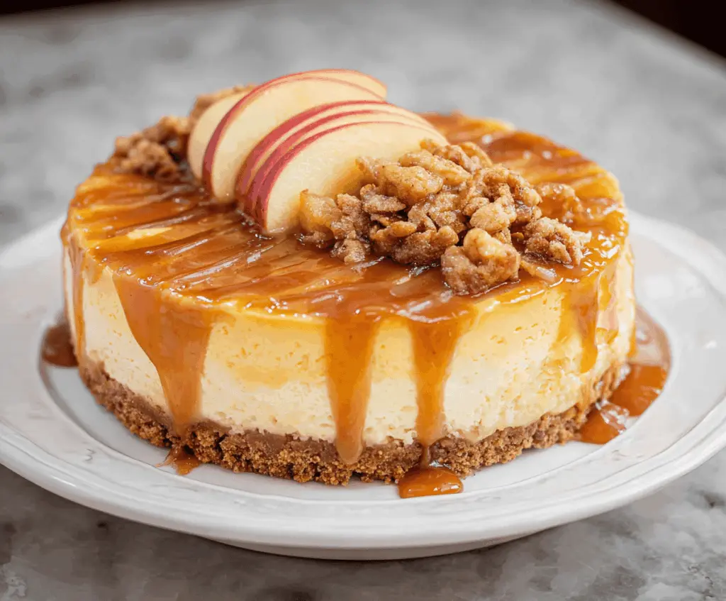Delicious caramel apple cheesecake topped with caramel drizzle and fresh apple slices, perfect for dessert.