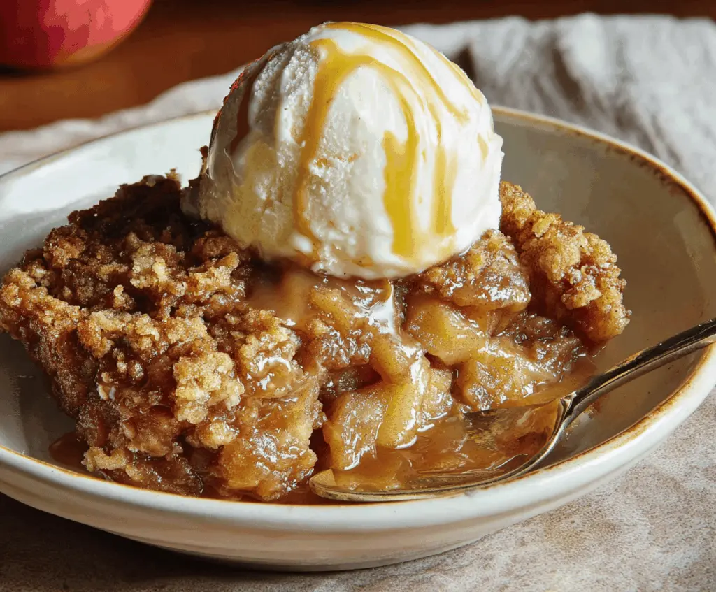 Delicious caramel apple dump cake topped with caramel sauce and fresh apples, perfect for autumn desserts.