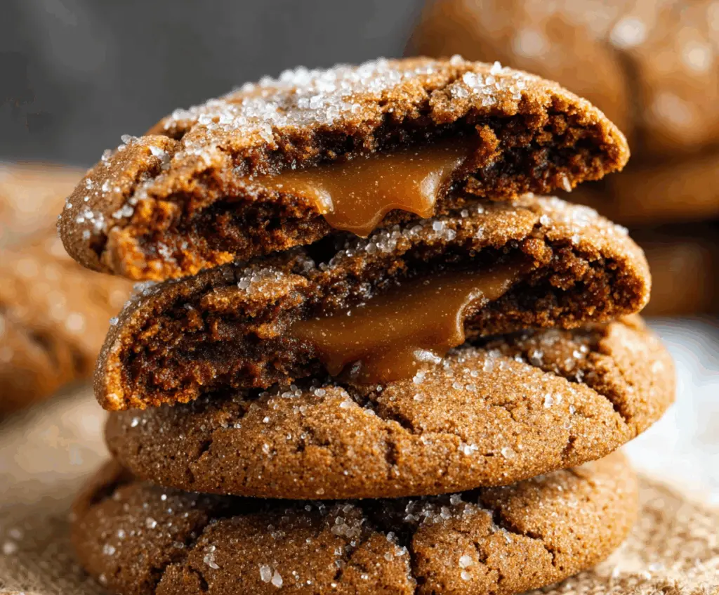 Delicious caramel-stuffed gingerbread cookies with a festive holiday appearance.