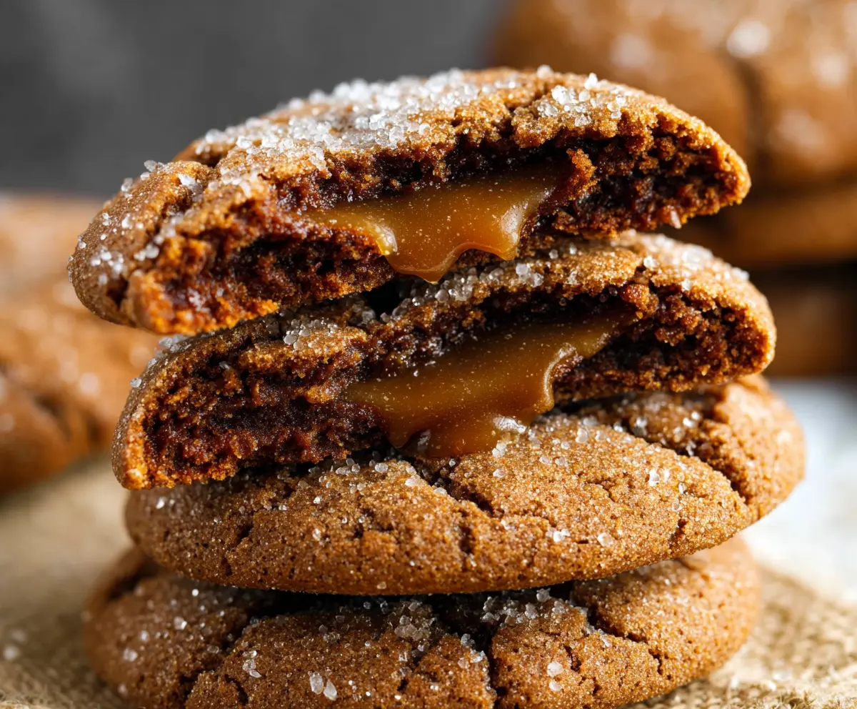 Delicious caramel-stuffed gingerbread cookies with a festive holiday appearance.
