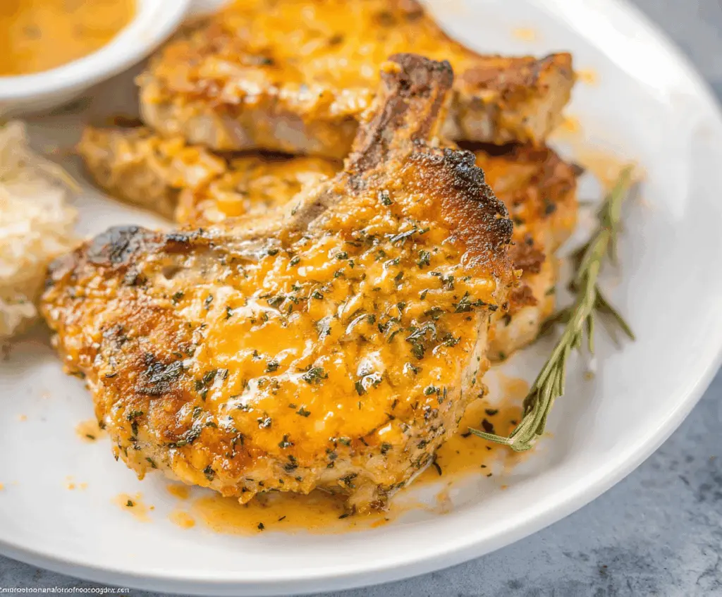 Juicy Cheddar Ranch Pork Chops served with fresh herbs and vegetables.
