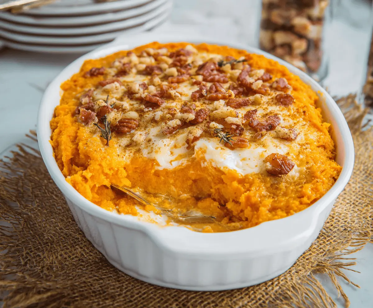 Delicious cheesy sweet potato casserole topped with melted cheese and herbs.