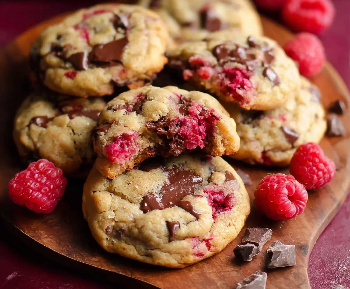 Delicious chewy raspberry chocolate chip cookies on a plate, showcasing a perfect blend of fruity and chocolate flavors.