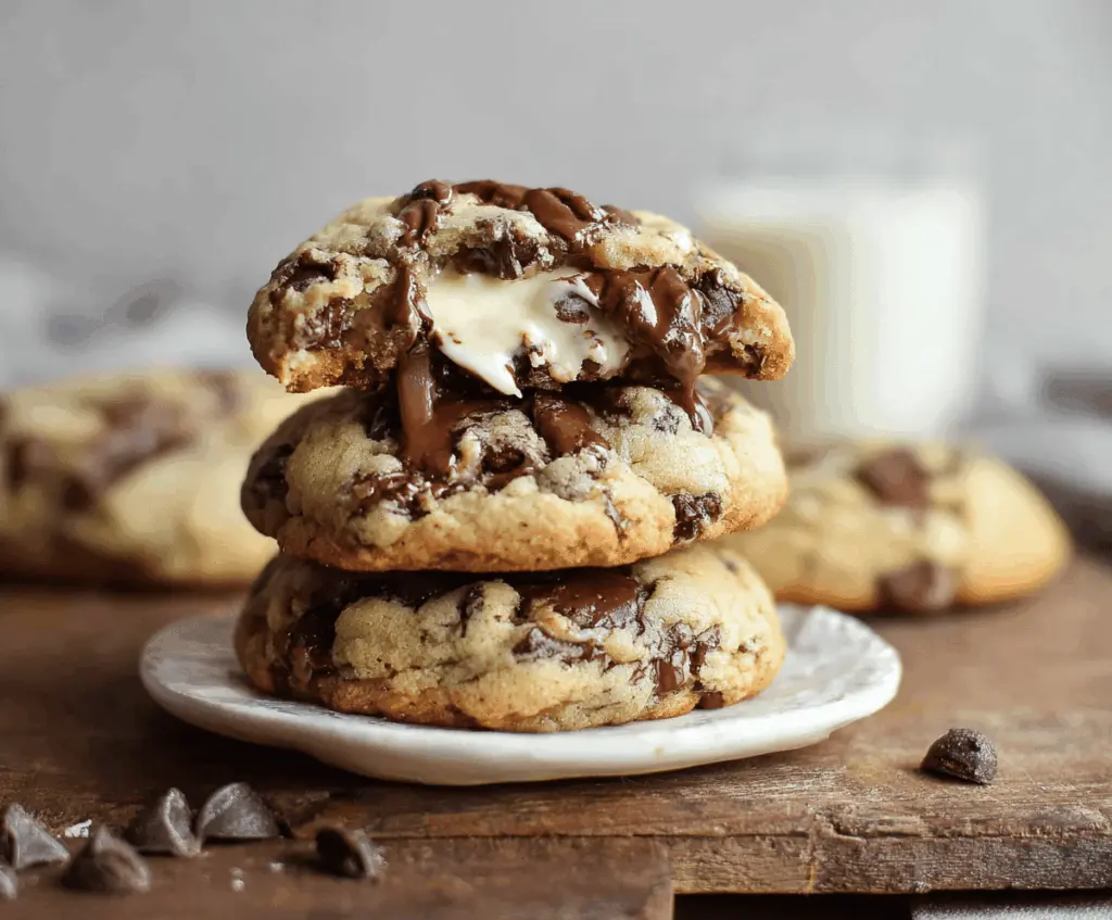 Delicious chocolate chip cheesecake cookies fresh out of the oven, showcasing gooey chocolate chips and creamy cheesecake filling.
