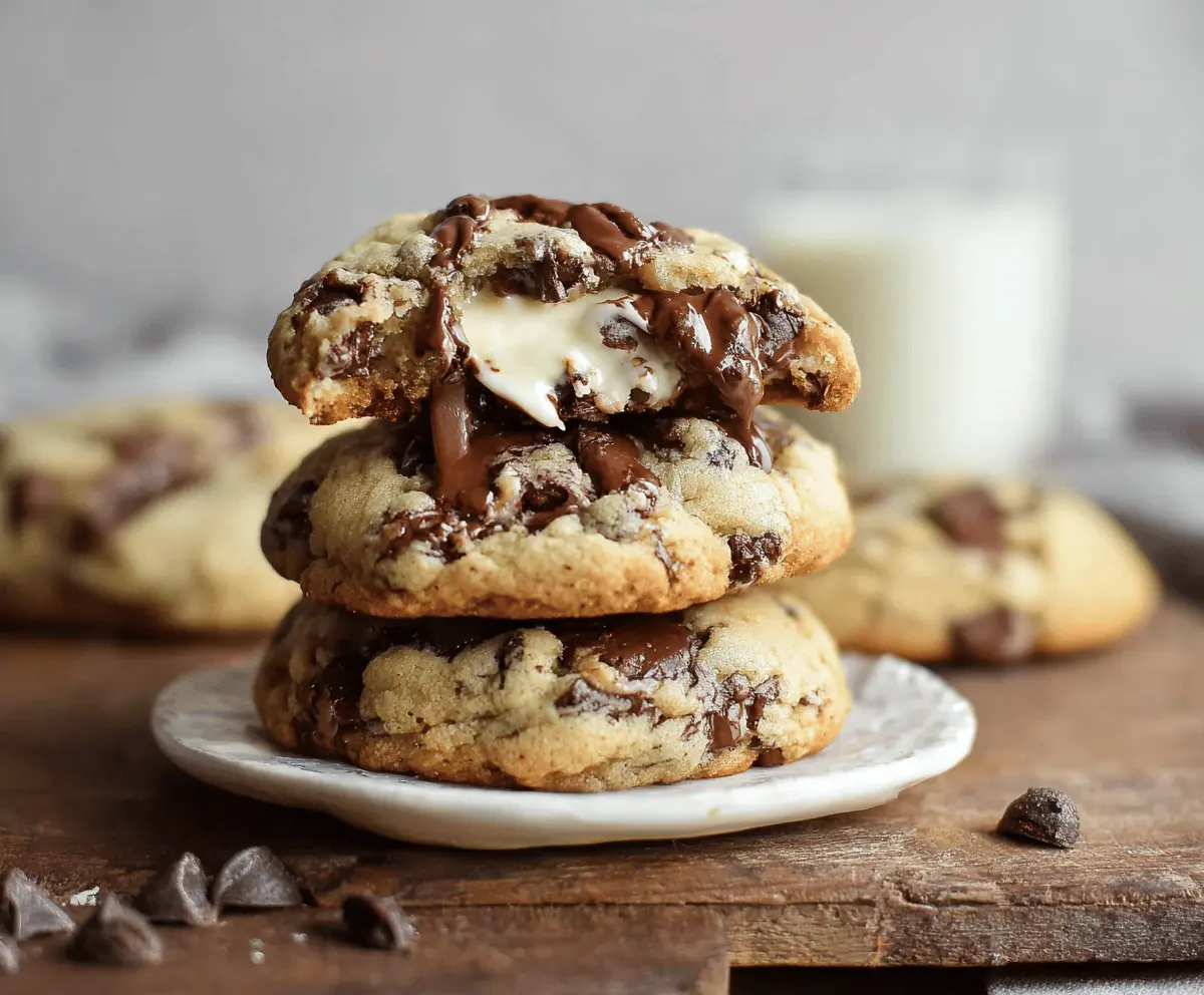 Delicious chocolate chip cheesecake cookies fresh out of the oven, showcasing gooey chocolate chips and creamy cheesecake filling.