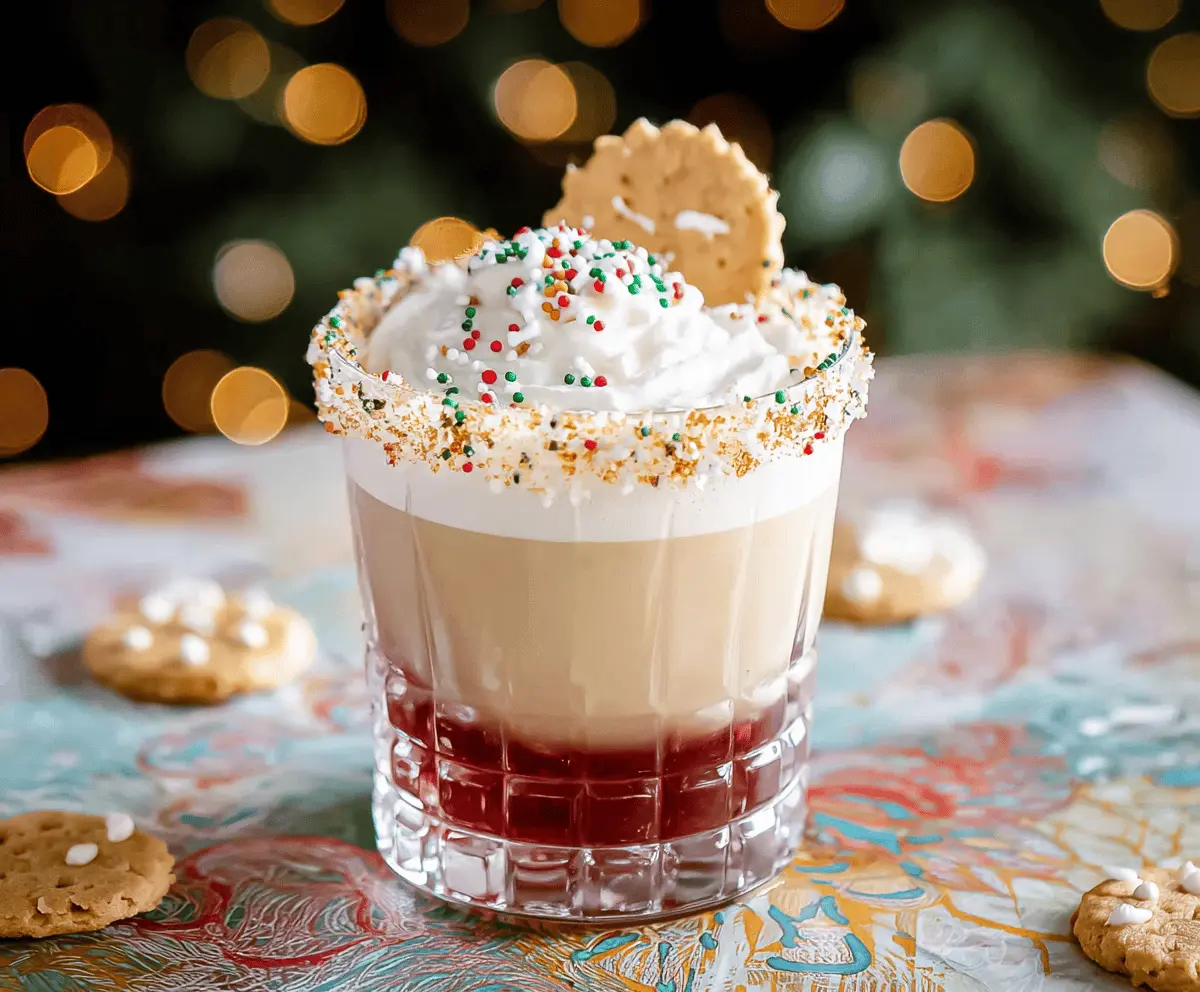 Festive Christmas Cookie Cocktail in a decorative glass with colorful sprinkles and a candy cane garnish