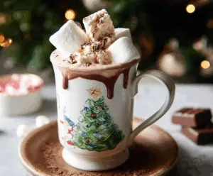 Warm festive Christmas hot chocolate topped with whipped cream and marshmallows in a cozy holiday setting