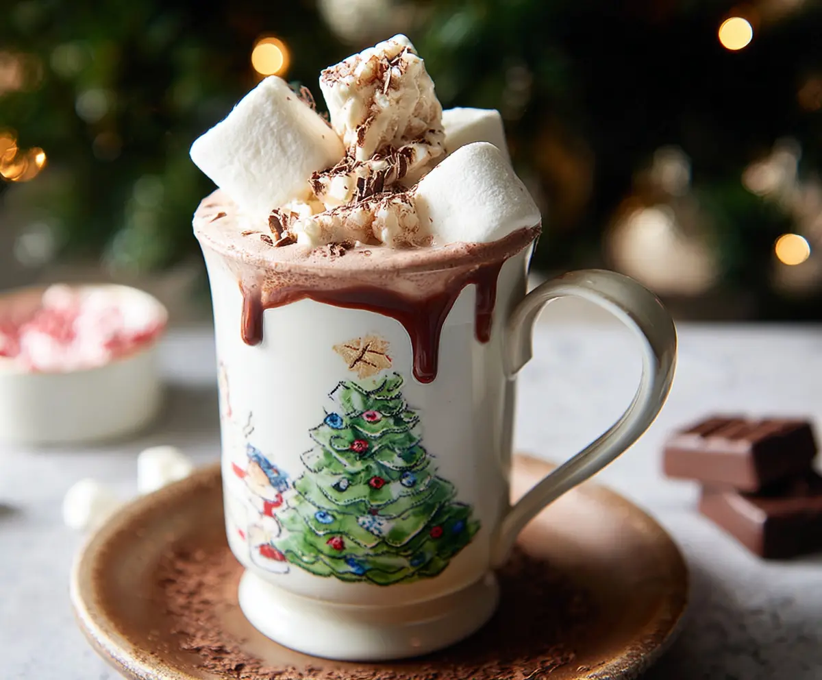 Warm festive Christmas hot chocolate topped with whipped cream and marshmallows in a cozy holiday setting